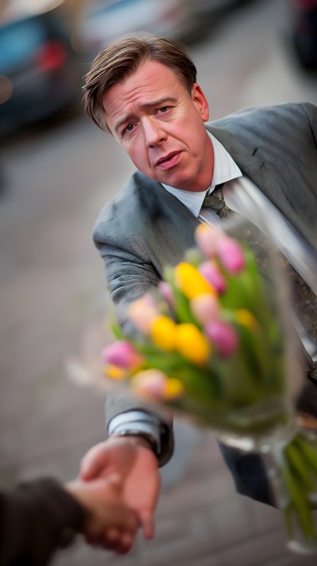 Businessman gives flowers to a person during a street meeting Free Premium Stock Image - stock photo