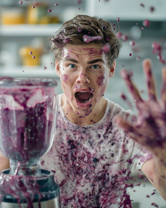 Young man reacts to blender mishap in kitchen with fruit Free Premium Stock Image - stock photo