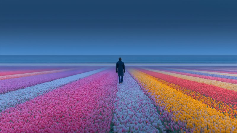 Person walks through colorful tulip fields near the ocean Free Premium Stock Image - stock photo