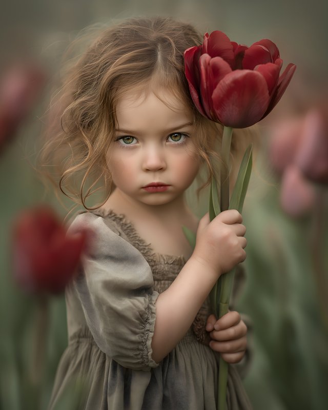 Child holds red tulip in flower field during daylight Free Premium Stock Photo - stock photo