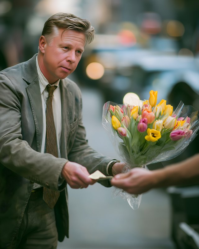 Man hands over flowers on a busy city street Free Premium Stock Image - stock photo