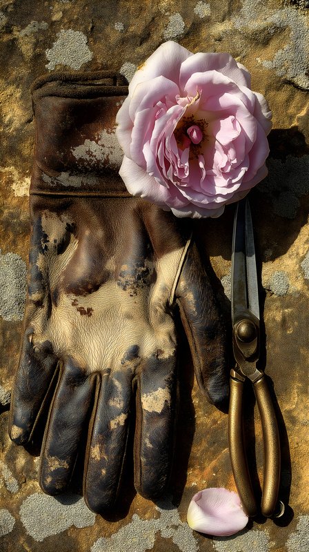 Gardening tools laid out on a table with a flower Free Premium Stock Photo - stock photo