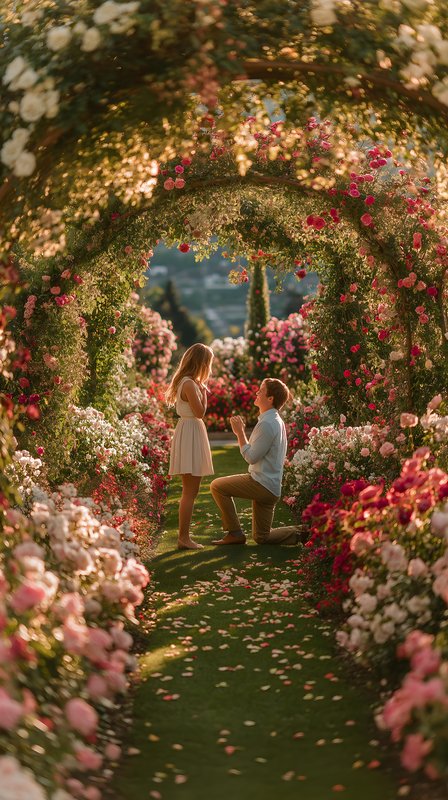 Couple engaged in a proposal moment in a flower garden Free Premium Stock Photo - stock photo