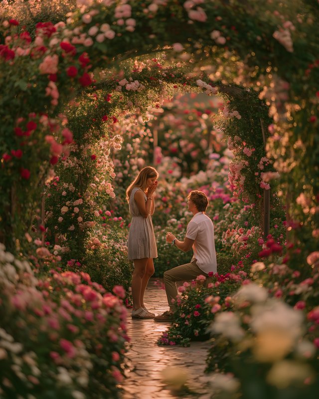 Couple enjoys proposal in rose garden at sunset Free Premium Stock Photo - stock photo