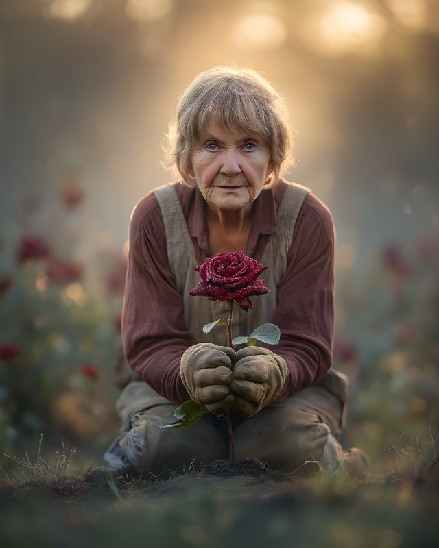 Elderly woman holds a rose in a flower garden at sunset Free Premium Stock Photo - stock photo