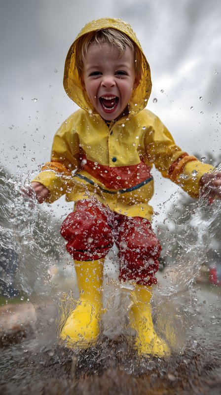 Child jumps in puddles on a rainy day in yellow rain gear Free Premium Stock Photo - stock photo