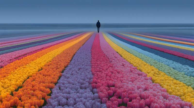 Person walks through colorful flower field in early morning Free Premium Stock Image - stock photo