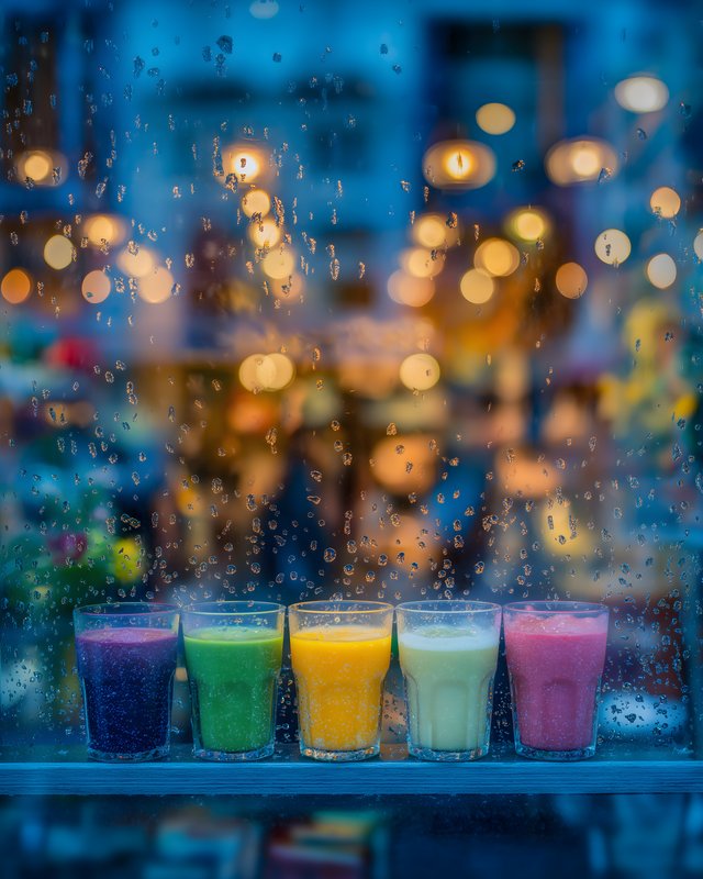 Colorful drinks lined up on a window during a rainy evening Free Premium Stock Image - stock photo