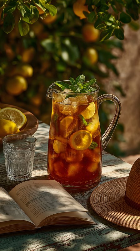 Refreshing pitcher of iced tea with lemon and mint on table Free Premium Stock Image - stock photo