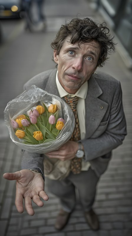 Man holding flower bouquet on city street in daytime Free Premium Stock Image - stock photo