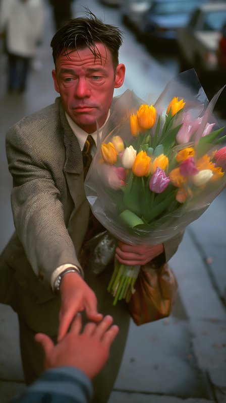 Man hands flowers to a person on the street in a city Free Premium Stock Photo - stock photo