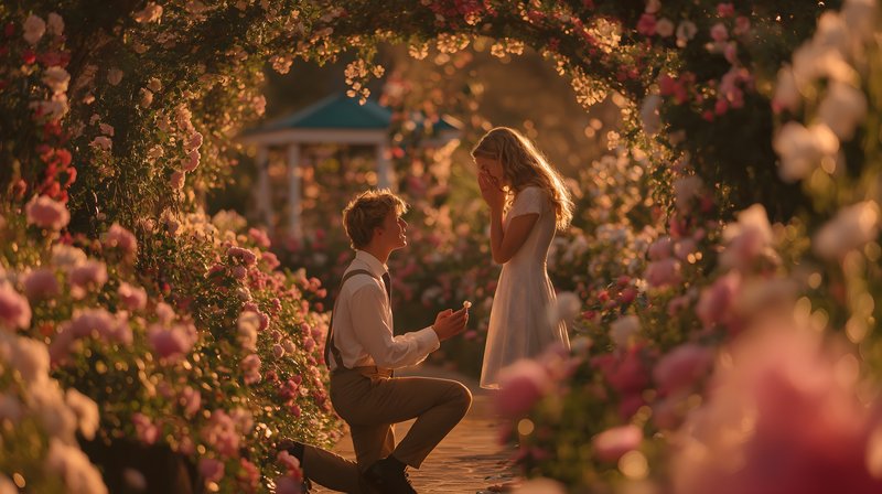 Couple shares moment in a garden full of roses during sunset Free Premium Stock Image - stock photo