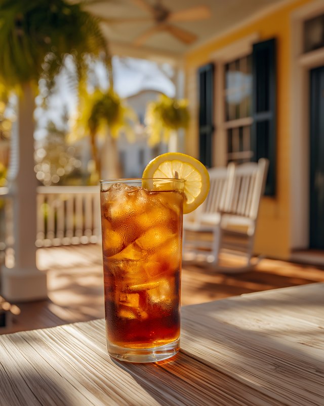 Iced drink with lemon on a porch in sunlight by a home Free Premium Stock Photo - stock photo