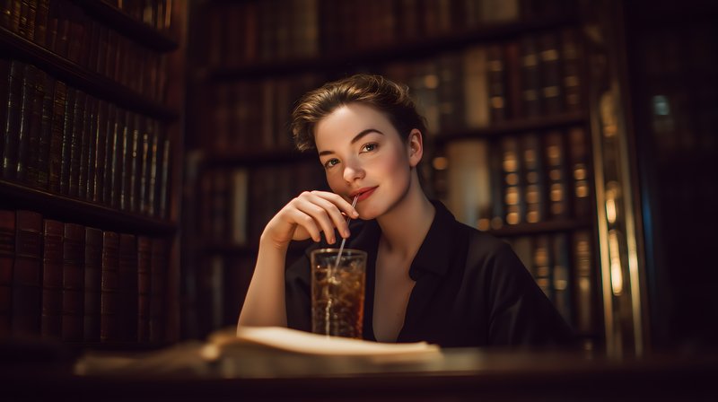 Woman sitting in library enjoying drink at night Free Premium Stock Photo - stock photo