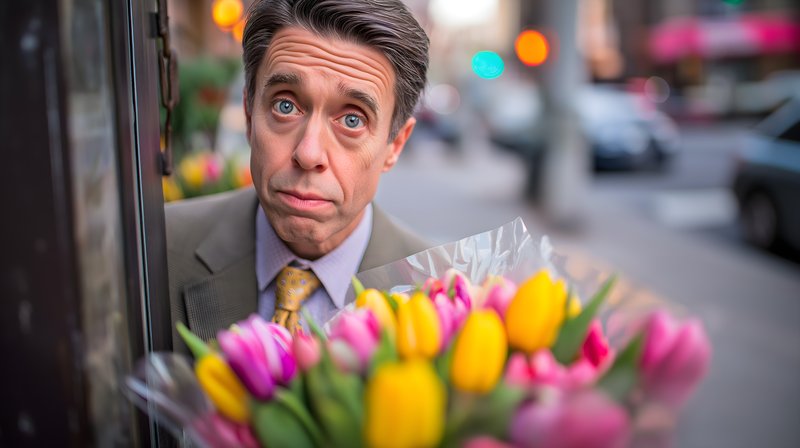 Man holds bouquet of flowers in busy city street scene Free Premium Stock Image - stock photo