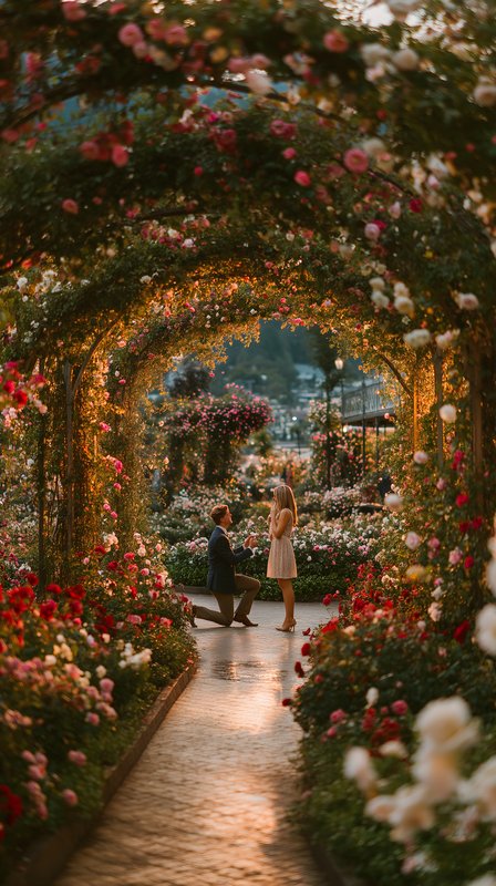 Couple shares a moment in a rose garden during sunset Free Premium Stock Image - stock photo