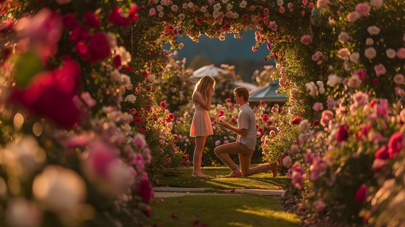 Couple shares important moment in rose garden during sunset Free Premium Stock Image - stock photo