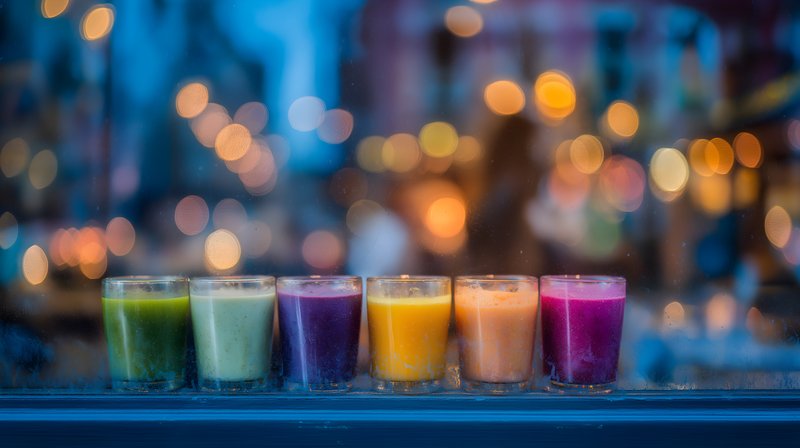 Colorful drinks lined up on a window ledge in the city Free Premium Stock Image - stock photo