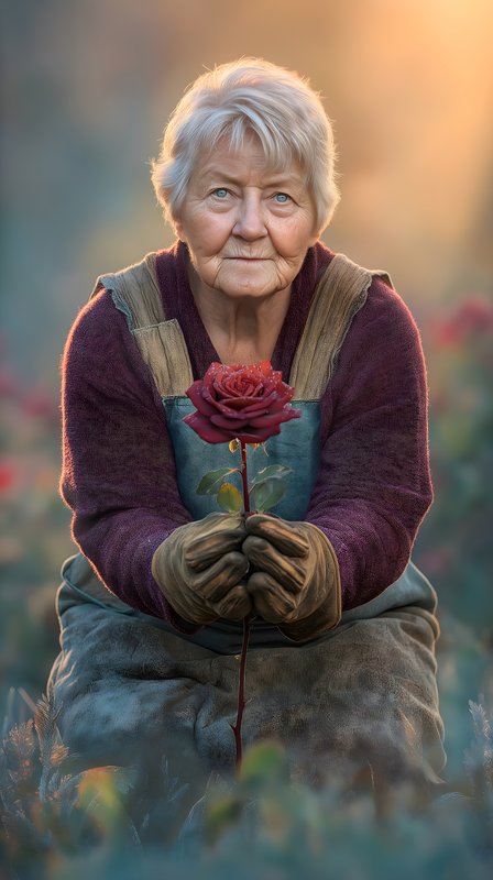 Elderly person holds a flower in a garden at sunset Free Premium Stock Photo - stock photo