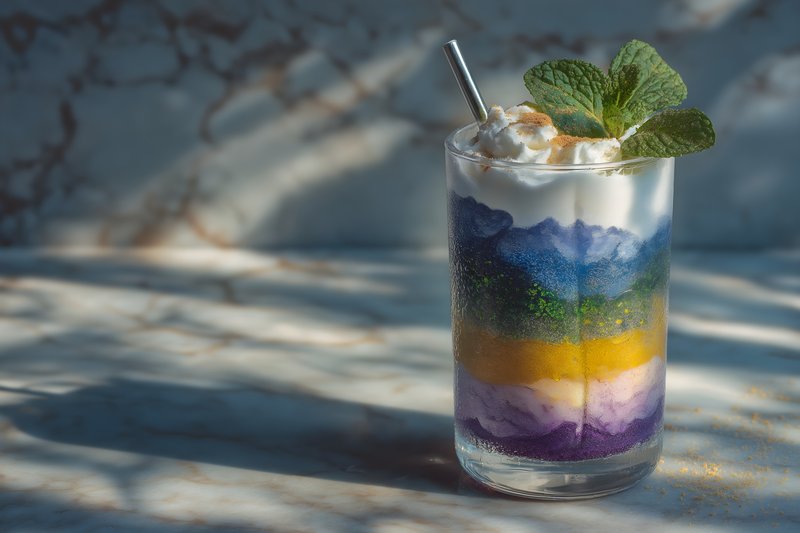 Colorful layered drink sits on a marble table Free Premium Stock Image - stock photo