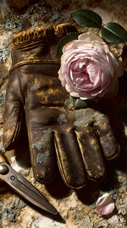 Garden glove, rose, and shears on a stone surface Free Premium Stock Photo - stock photo
