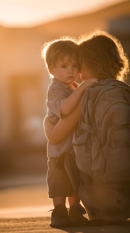 Child hugs adult in sunset light near city street Free Premium Stock Photo - stock photo