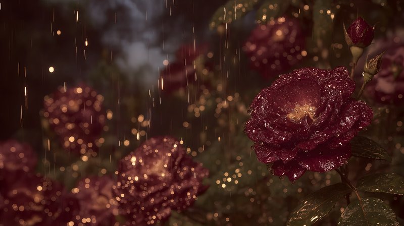 Rain touches red roses in a garden at dusk Free Premium Stock Photo - stock photo