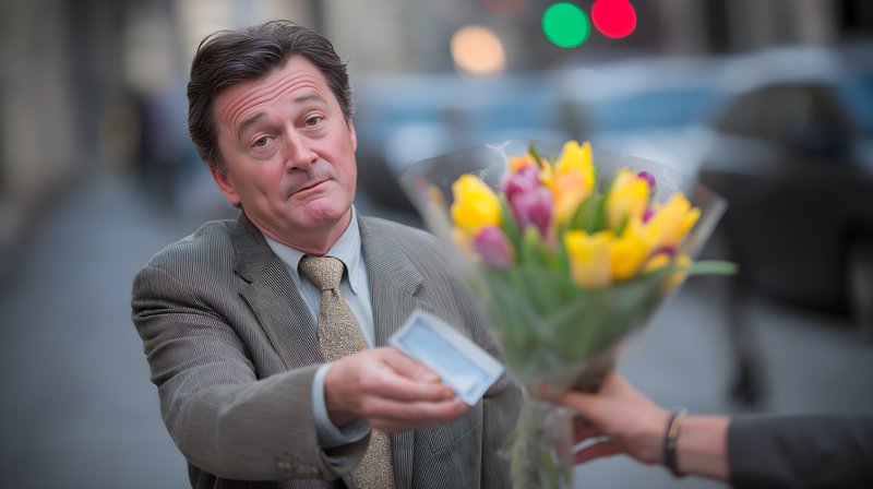 Man receives flowers and a card on a busy street corner Free Premium Stock Image - stock photo