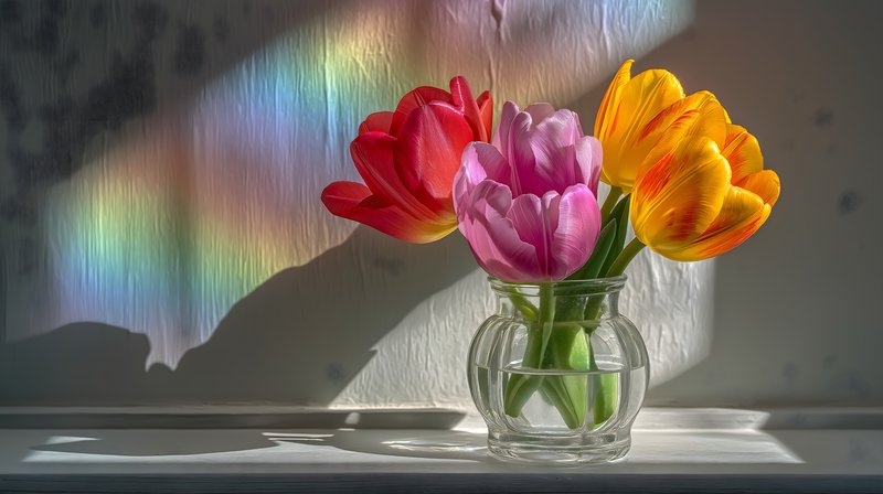 Colorful tulips in a glass vase with a rainbow reflection Free Premium Stock Image - stock photo