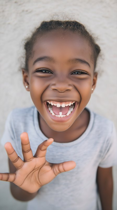 Child laughs and waves while standing against a wall Free Premium Stock Photo - stock photo