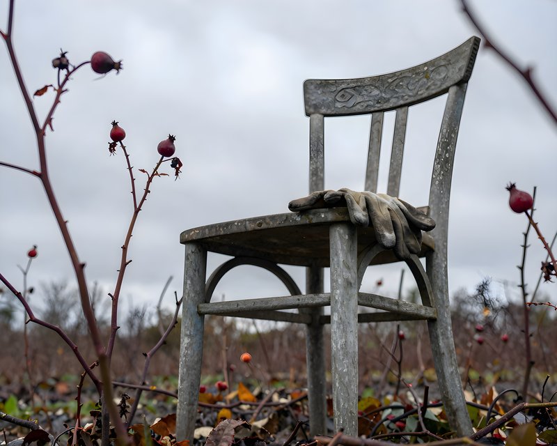 Old chair located in a field with small plants and gloves Free Premium Stock Image - stock photo