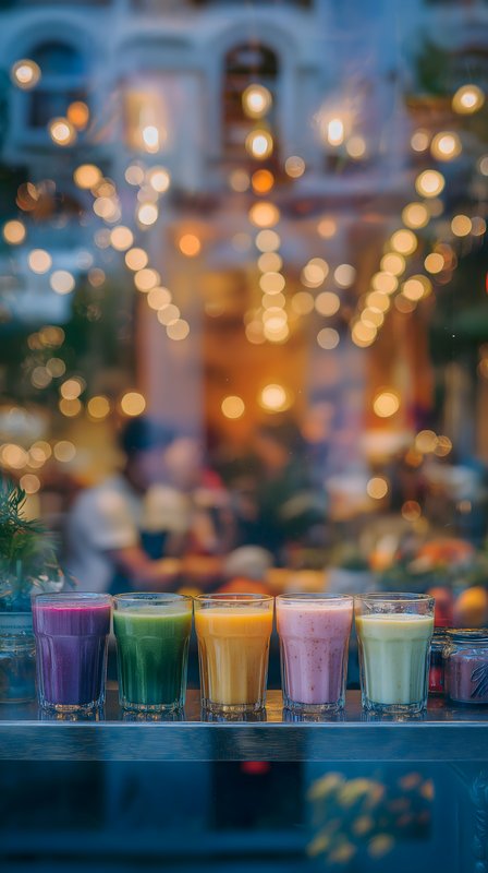 Fresh juice selection displayed at a cafe in the evening Free Premium Stock Photo - stock photo