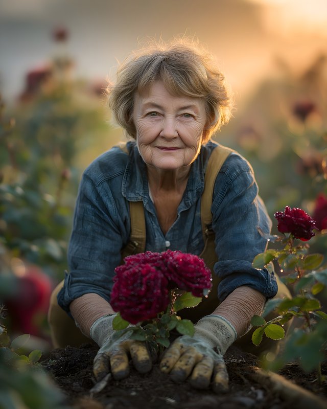 Gardener plants roses in a field during golden hour Free Premium Stock Image - stock photo