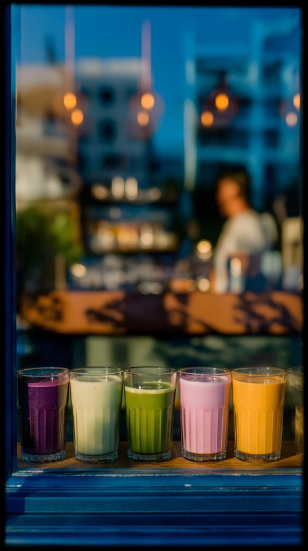 Smoothies for sale at a cafe window on a sunny day Free Premium Stock Image - stock photo
