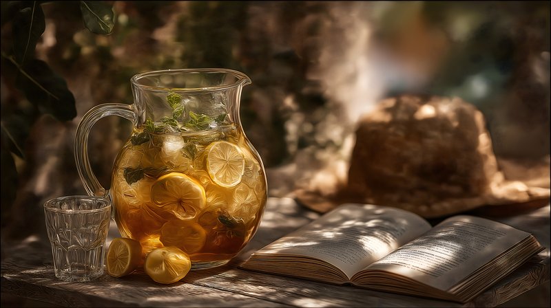 Refreshing lemon drink with book and hat in summer setting Free Premium Stock Image - stock photo