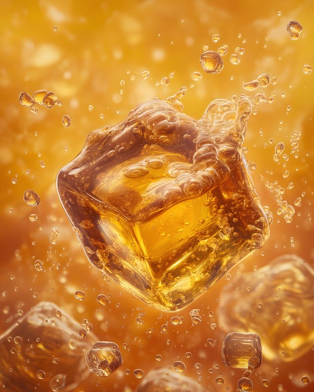 Ice cube floats in golden liquid with bubbles around it Free Premium Stock Image - stock photo
