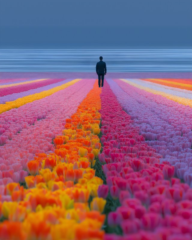 Walking through a field of colorful tulips in springtime Free Premium Stock Image - stock photo