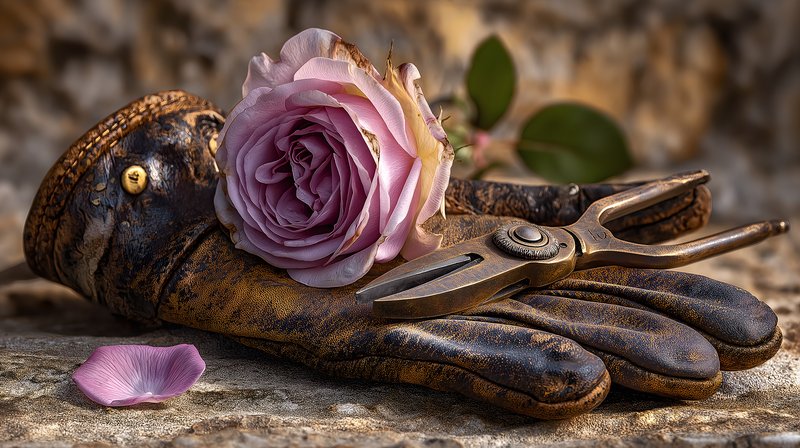 Gardening tools with rose on rustic surface during daylight Free Premium Stock Image - stock photo