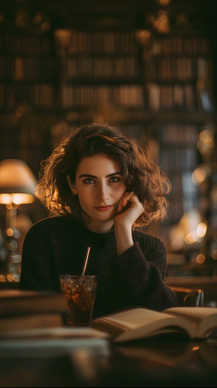 Young woman sitting in a library cafe with a drink Free Premium Stock Image - stock photo