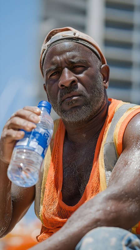 Construction worker takes a break to drink water at work site Free Premium Stock Image - stock photo