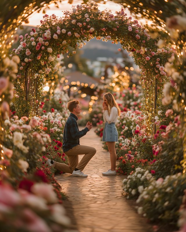 Couple shares engagement moment in flower-filled garden Free Premium Stock Photo - stock photo