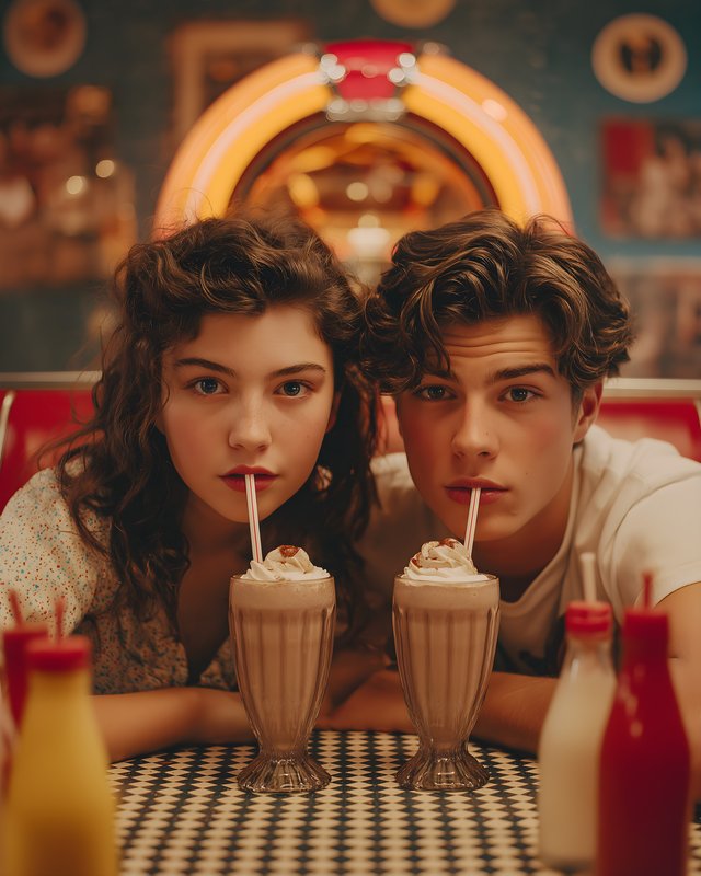 Young friends drink milkshakes in diner at night Free Premium Stock Photo - stock photo