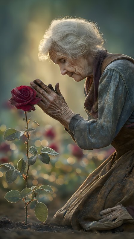 Elderly woman tending to a red rose in a garden during sunset Free Premium Stock Image - stock photo
