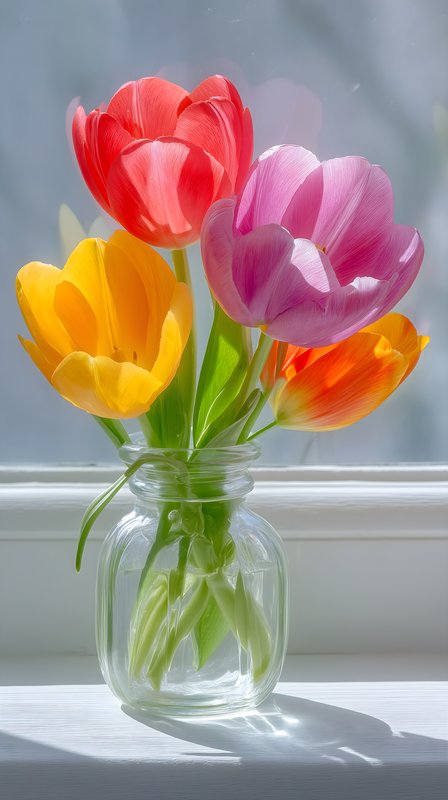 Colorful tulips in a glass vase on a white windowsill Free Premium Stock Image - stock photo