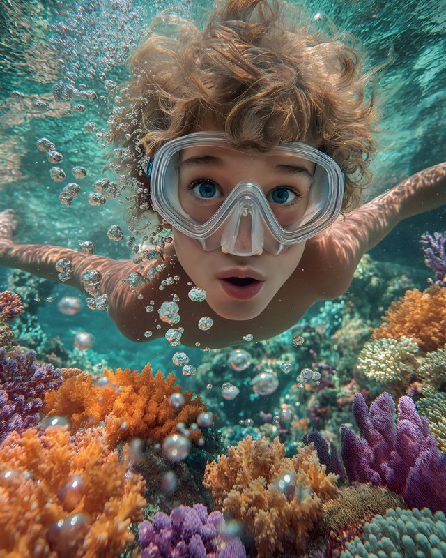 Child swims in clear water among colorful coral reefs Free Premium Stock Image - stock photo