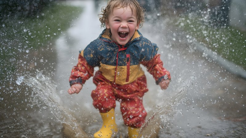 Child jumps in puddle during rainy day in the park Free Premium Stock Image - stock photo
