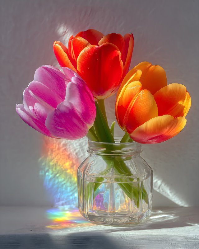 Bright tulips in a glass jar on a sunny day Free Premium Stock Image - stock photo