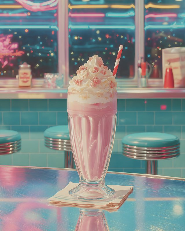 Pink milkshake on a diner counter at night Free Premium Stock Photo - stock photo