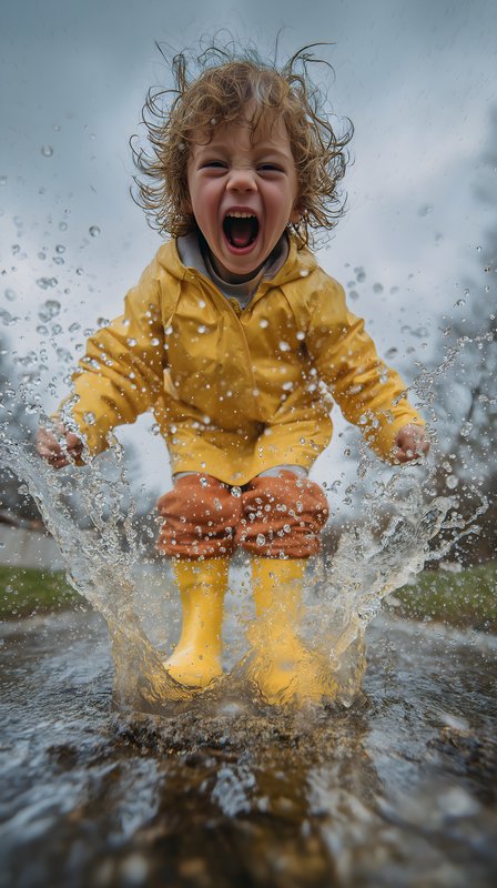Child jumps in puddle on rainy day in yellow rain gear Free Premium Stock Photo - stock photo