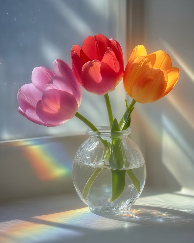 Bright tulips in a glass vase near a sunny window Free Premium Stock Photo - stock photo